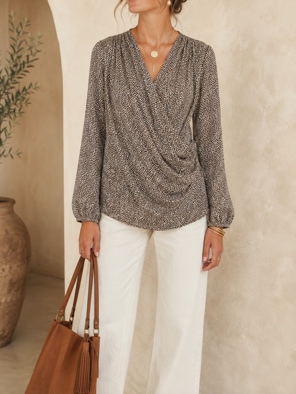 Anne Klein Black and White Dotted Wrap Blouse